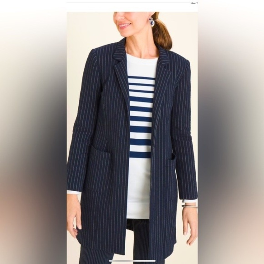 Chicos blue white pinstriped long sleeve blazer jacket office work business 8/10